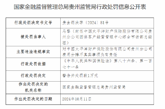 太平洋产险贵州分公司被罚31万元：费用分摊不真实 给予投保人、被保险人合同以外的利益