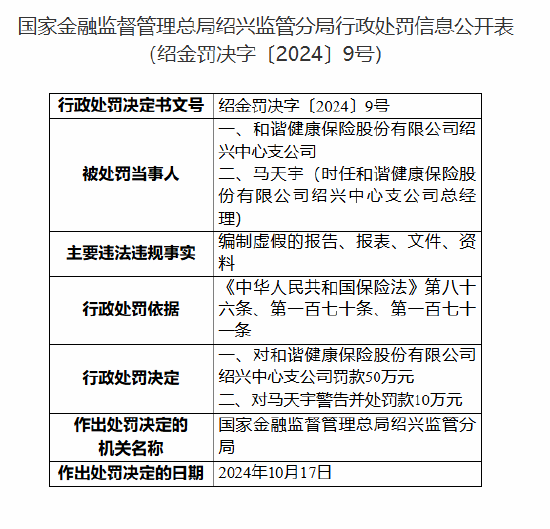 和谐健康保险绍兴中心支公司被罚50万元:编制虚假的报告、报表、文件、资料