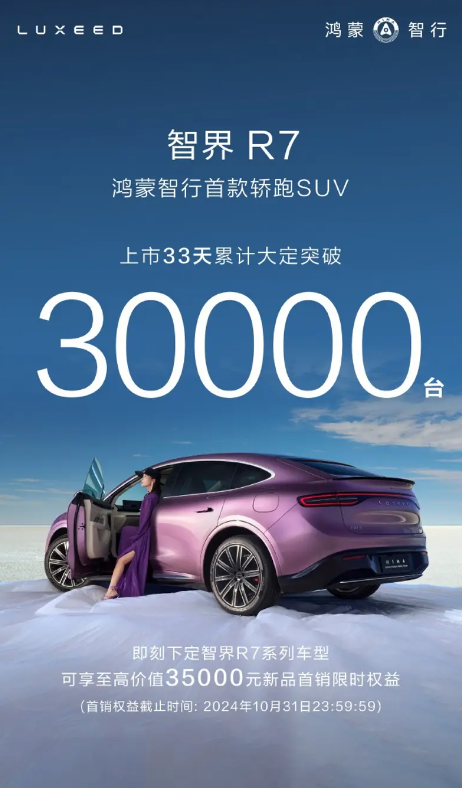 特斯拉Model Y迎来最强对手!智界R7上市33天大定超3万台