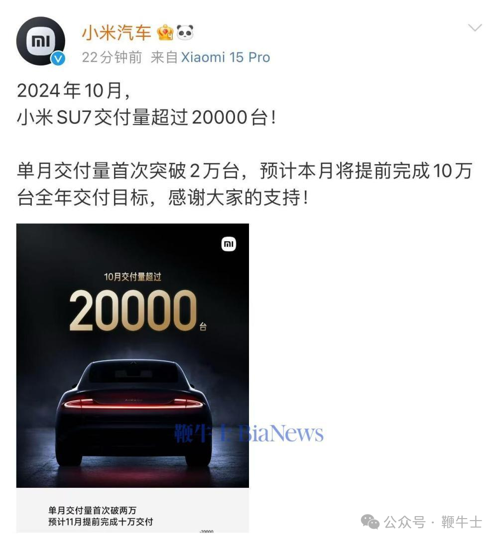 新能源车企10月销量:比亚迪破50万辆,小米首破2万辆,哪吒未交卷