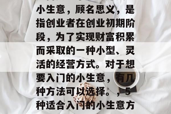 如何入手小生意赚钱?小生意,顾名思义,是指创业者在创业初期阶段,为了实现财富积累而采取的一种小型、灵活的经营方式。对于想要入门的小生意,有几种方法可以选择。,5种适合入门的小生意方式 如何入手小生意赚钱?小生意,顾名思义,是指创业者在创业初期阶段,为了实现财富积累而采取的一种小型、灵活的经营方式。对于想要入门的小生意,有几种方法可以选择。,5种适合入门的小生意方式