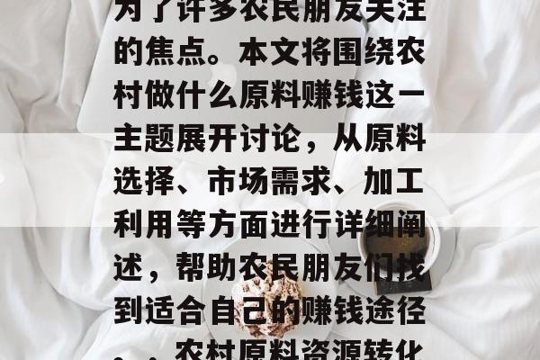 农村原料资源丰富,如何利用这些资源赚钱成为了许多农民朋友关注的焦点。本文将围绕农村做什么原料赚钱这一主题展开讨论,从原料选择、市场需求、加工利用等方面进行详细阐述,帮助农民朋友们找到适合自己的赚钱途径。,农村原料资源转化,如何利用资源优势实现盈利? 农村原料资源丰富,如何利用这些资源赚钱成为了许多农民朋友关注的焦点。本文将围绕农村做什么原料赚钱这一主题展开讨论,从原料选择、市场需求、加工利用等方面进行详细阐述,帮助农民朋友们找到适合自己的赚钱途径。,农村原料资源转化,如何利用资源优势实现盈利?