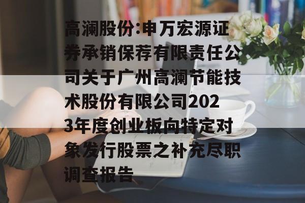 高澜股份:申万宏源证券承销保荐有限责任公司关于广州高澜节能技术股份有限公司2023年度创业板向特定对象发行股票之补充尽职调查报告 高澜股份:申万宏源证券承销保荐有限责任公司关于广州高澜节能技术股份有限公司2023年度创业板向特定对象发行股票之补充尽职调查报告