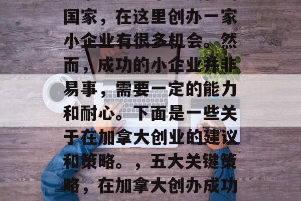 加拿大是一个多文化的国家,在这里创办一家小企业有很多机会。然而,成功的小企业并非易事,需要一定的能力和耐心。下面是一些关于在加拿大创业的建议和策略。,五大关键策略,在加拿大创办成功的创业公司 加拿大是一个多文化的国家,在这里创办一家小企业有很多机会。然而,成功的小企业并非易事,需要一定的能力和耐心。下面是一些关于在加拿大创业的建议和策略。,五大关键策略,在加拿大创办成功的创业公司