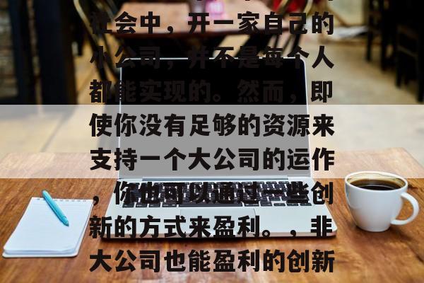 在当今这个竞争激烈的社会中,开一家自己的小公司,并不是每个人都能实现的。然而,即使你没有足够的资源来支持一个大公司的运作,你也可以通过一些创新的方式来盈利。,非大公司也能盈利的创新方式 在当今这个竞争激烈的社会中,开一家自己的小公司,并不是每个人都能实现的。然而,即使你没有足够的资源来支持一个大公司的运作,你也可以通过一些创新的方式来盈利。,非大公司也能盈利的创新方式