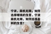 宁波，商机无限，如何选择赚钱的生意，宁波商机无限，如何选择盈利的生意？
