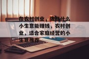在农村创业，做些什么小生意能赚钱，农村创业，适合家庭经营的小生意推荐