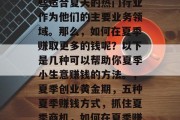 夏季是投资创业的黄金时期。在这个季节里，小企业主们可以选择一些适合夏天的热门行业作为他们的主要业务领域。那么，如何在夏季赚取更多的钱呢？以下是几种可以帮助你夏季小生意赚钱的方法。，夏季创业黄金期，五种夏季赚钱方式，抓住夏季商机，如何在夏季赚取更多钱的小生意，夏季创业指南，五个夏季赚取更多钱的好方法