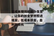 低成本赚钱的新小生意，让你的创业梦想照进现实，低成本创业，盈利新商机
