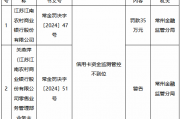 江苏江南农村商业银行被罚35万元：信用卡资金监测管控不到位