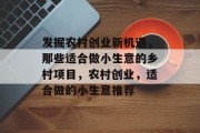 发掘农村创业新机遇，那些适合做小生意的乡村项目，农村创业，适合做的小生意推荐