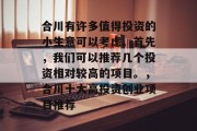 合川有许多值得投资的小生意可以考虑。首先，我们可以推荐几个投资相对较高的项目。，合川十大高投资创业项目推荐