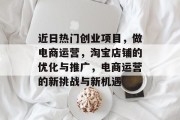 近日热门创业项目，做电商运营，淘宝店铺的优化与推广，电商运营的新挑战与新机遇