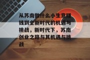 从苏南做什么小生意赚钱到全新时代的机遇与挑战，新时代下，苏南创业之路与其机遇与挑战