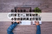 投资小生意，最赚钱的行业之一，财富秘密，小型创业的真正价值在于什么？