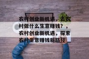农村创业新机遇，去农村做什么生意赚钱？，农村创业新机遇，探索农村生意赚钱新路径