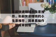 年前快速赚钱小生意推荐，年前快速赚钱的小生意推荐，简单易操作、低成本回报